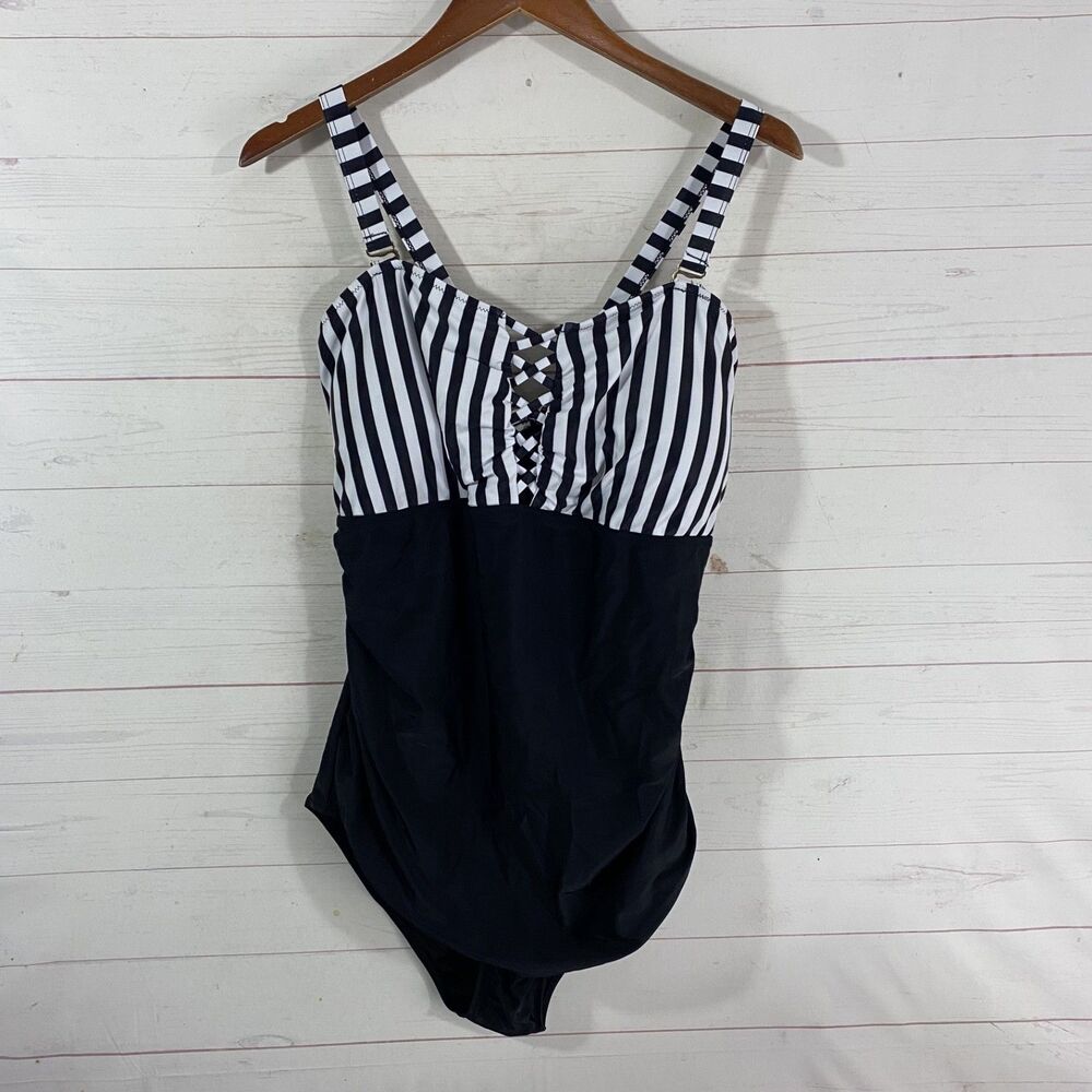 Yonique Womens One Piece Swimsuit Plus 22W Black/White Stripe Padded Cups New